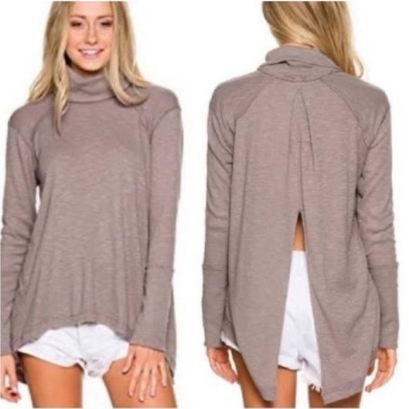SOLD! Free People Tara Split Back Turtleneck Top Taupe - Picture 3 of 12